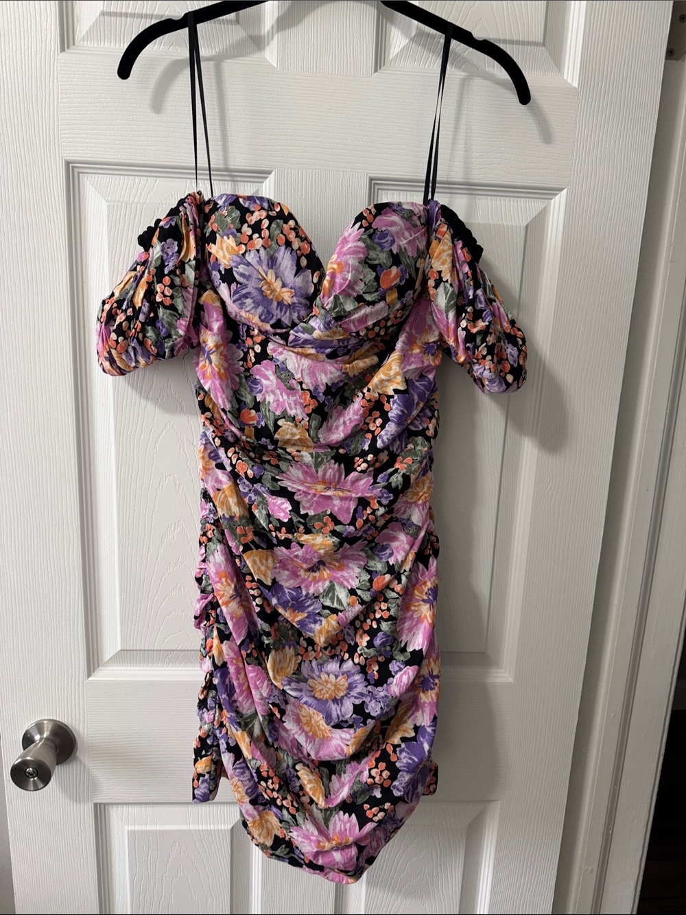 NWT Fate One-Shoulder Floral Ruched Dress in Black, Purple, Pink and Orange